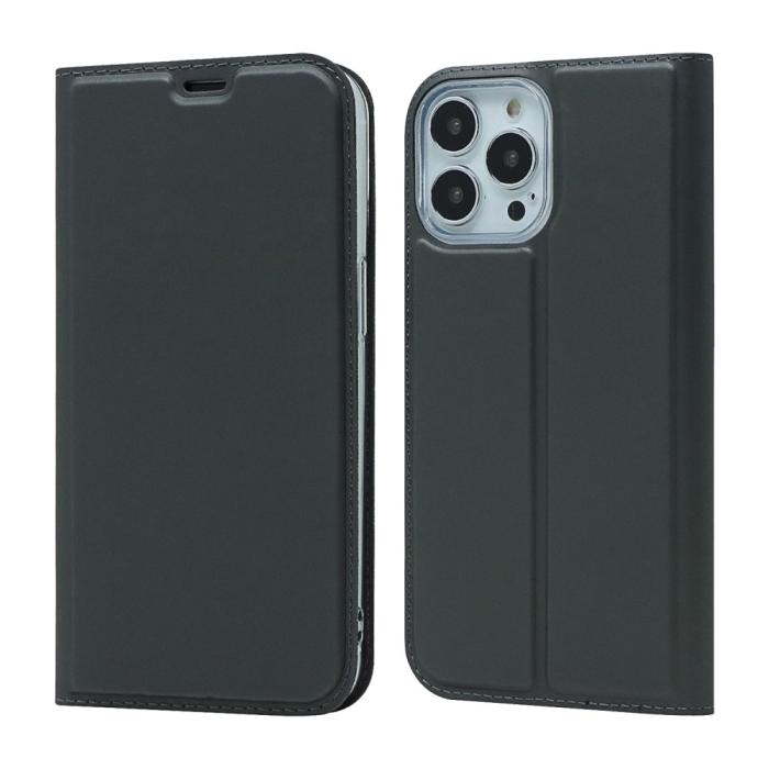Bild 1, iPhone 13 Pro - Silkeslent Läder Flip Fodral - Svart
