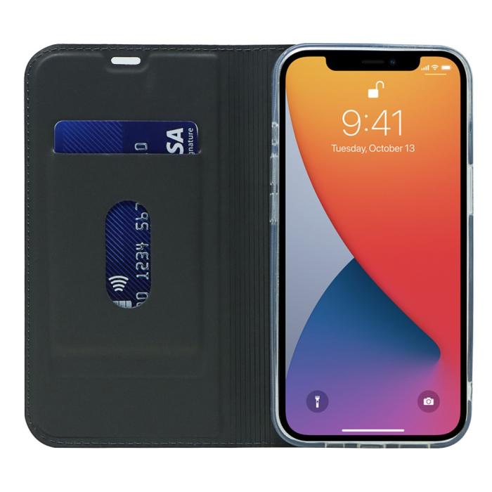 Bild 4, iPhone 13 Pro - Silkeslent Läder Flip Fodral - Svart