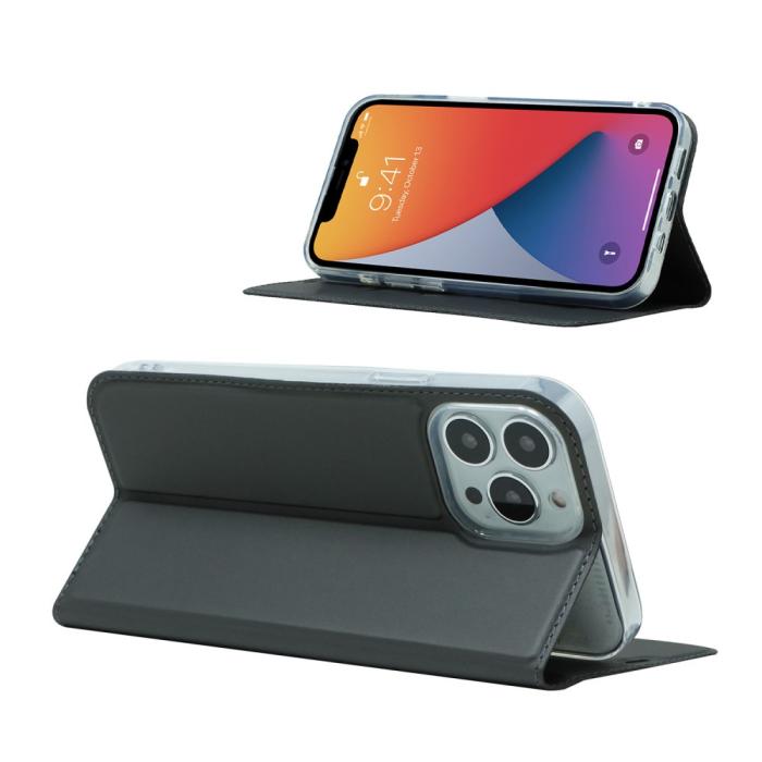 Bild 6, iPhone 13 Pro - Silkeslent Läder Flip Fodral - Svart