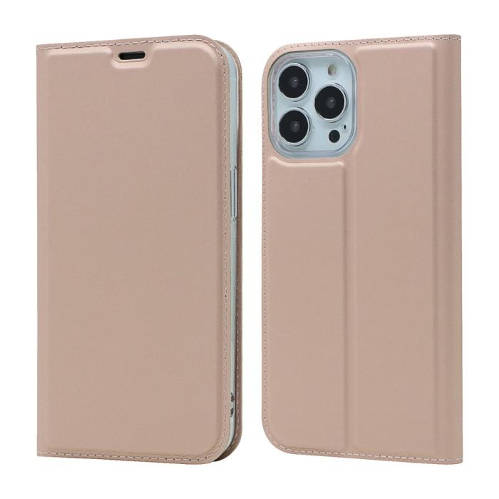 Bild 1, iPhone 13 Pro - Silkeslent Läder Flip Fodral - Roséguld