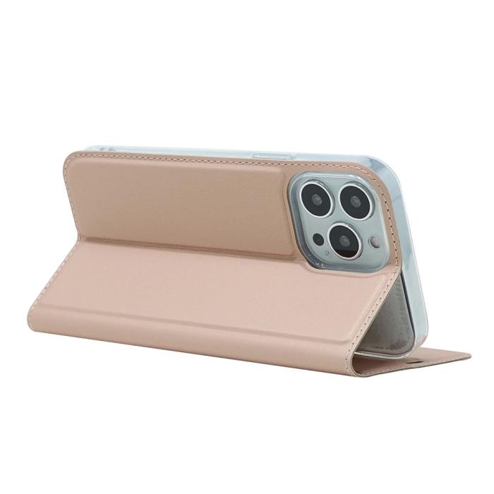 Bild 5, iPhone 13 Pro - Silkeslent Läder Flip Fodral - Roséguld