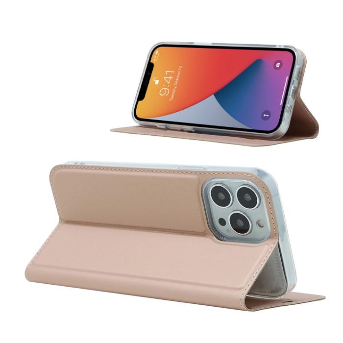 Bild 6, iPhone 13 Pro - Silkeslent Läder Flip Fodral - Roséguld