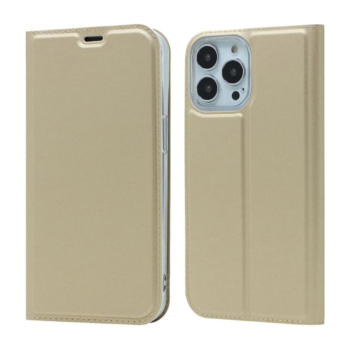 Bild 1, iPhone 13 Pro - Silkeslent Läder Flip Fodral - Guld
