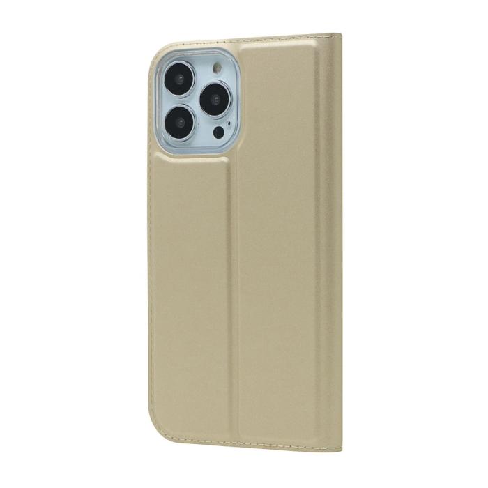 Bild 3, iPhone 13 Pro - Silkeslent Läder Flip Fodral - Guld