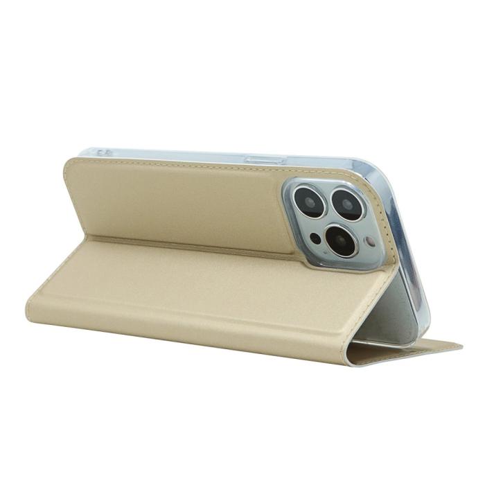 Bild 5, iPhone 13 Pro - Silkeslent Läder Flip Fodral - Guld