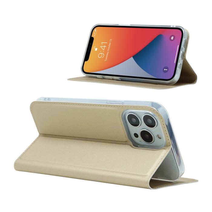 Bild 6, iPhone 13 Pro - Silkeslent Läder Flip Fodral - Guld
