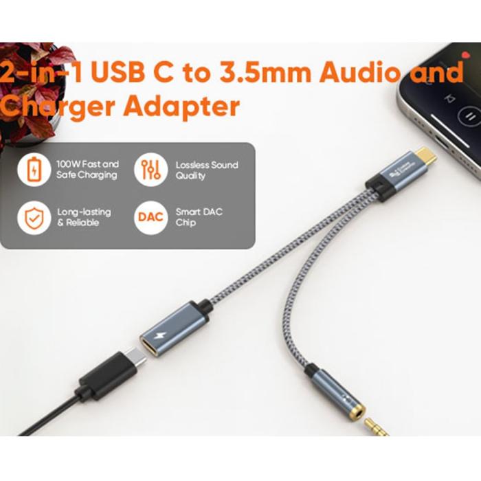Bild 2, CableCreation 60W PD 2in1 USB-C Till USB-C/AUX Adapter Grå