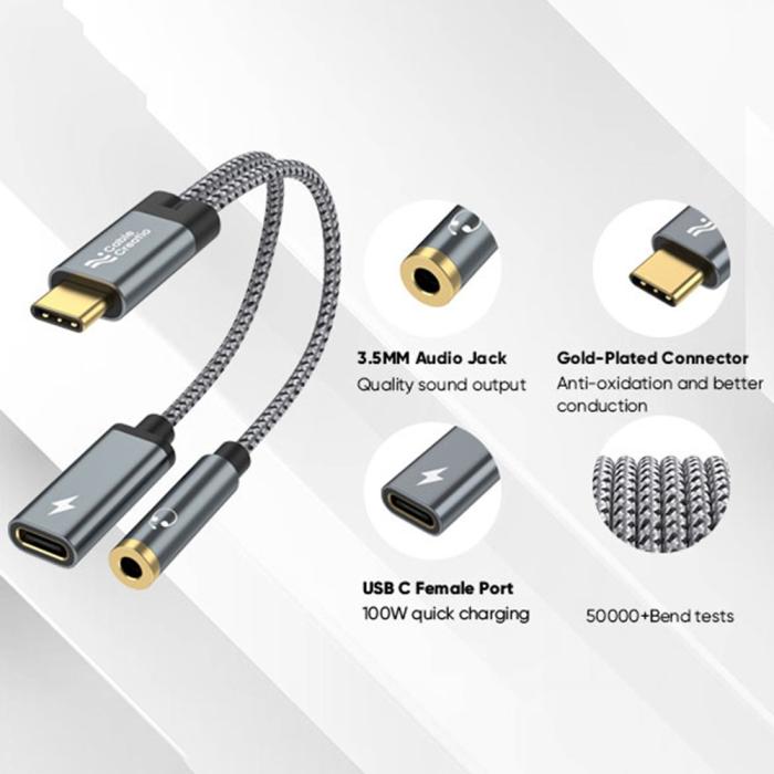 Bild 3, CableCreation 60W PD 2in1 USB-C Till USB-C/AUX Adapter Grå