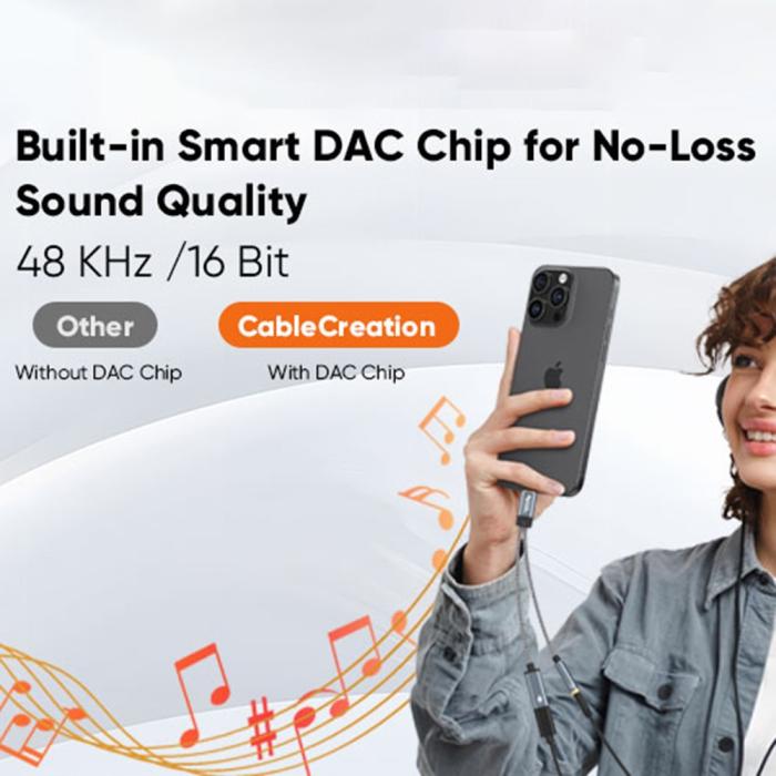 Bild 4, CableCreation 60W PD 2in1 USB-C Till USB-C/AUX Adapter Grå