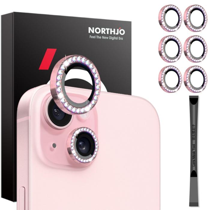 Bild 1, NORTHJO iPhone 15/15 Plus/14/14 Plus Linsskydd Strass 3-PACK Rosa