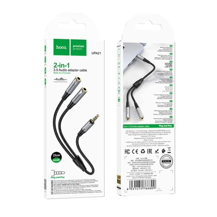 Bild 5, HOCO Split Adapter 3.5 mm Hane - 2x 3.5 mm Hona Grå