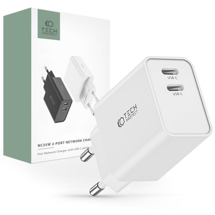 Bild 1, Tech-Protect 35W PD 2x USB-C Väggladdare Vit