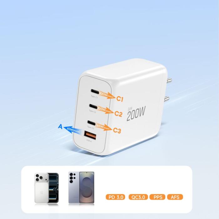 Bild 6, Tech-Protect 200W Väggladdare PD QC3.0 USB-C / USB-A Vit