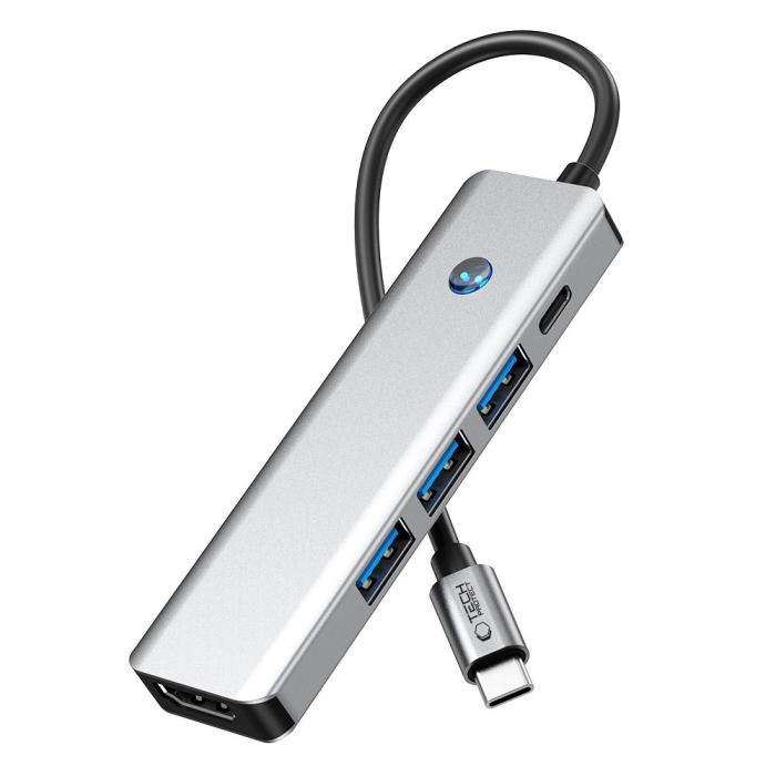 Bild 5, Tech-Protect 5in1 USB-C Hub - USB-C / USB 3.0 / HDMI / RJ45 Grå