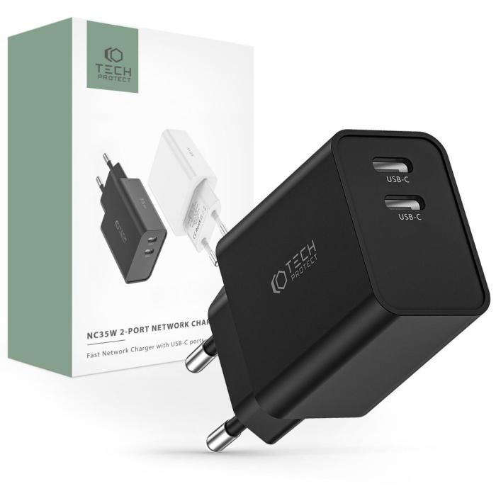 Bild 1, Tech-Protect 35W PD 2x USB-C Väggladdare Svart