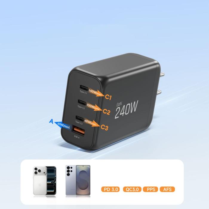 Bild 6, Tech-Protect 240W Väggladdare PD QC3.0 USB-C / USB-A Svart