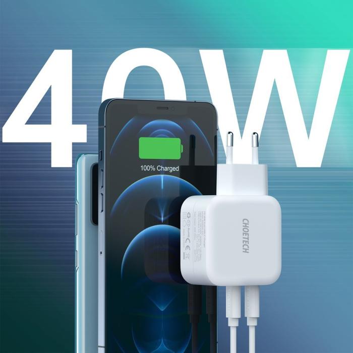 Bild 3, Choetech 40W 3A 2x USB-C Power Delivery Snabbladdare - Vit