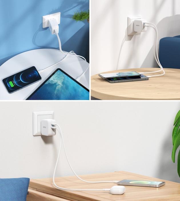 Bild 4, Choetech 40W 3A 2x USB-C Power Delivery Snabbladdare - Vit