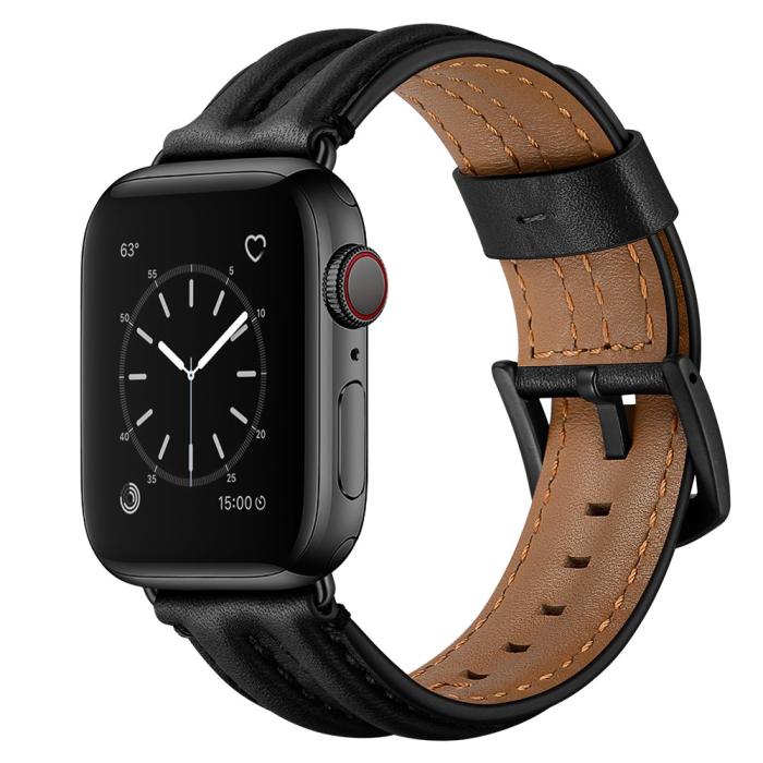 Bild 2, Äkta Läder Armband Apple Watch 42/44/45/49 mm Svart