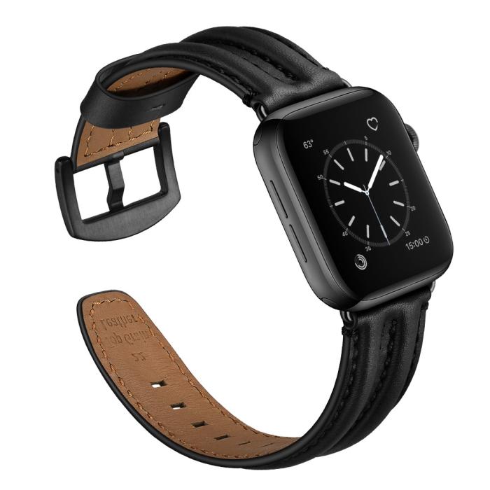 Bild 3, Äkta Läder Armband Apple Watch 42/44/45/49 mm Svart