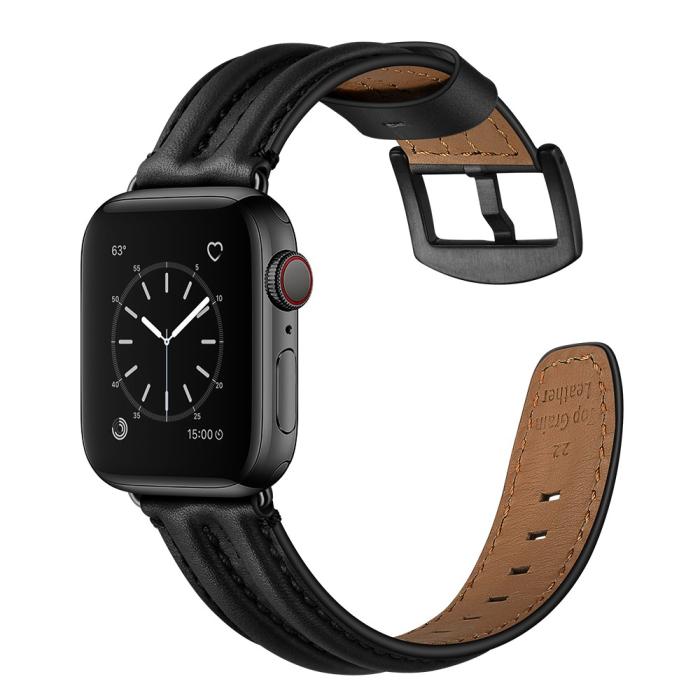 Bild 4, Äkta Läder Armband Apple Watch 42/44/45/49 mm Svart