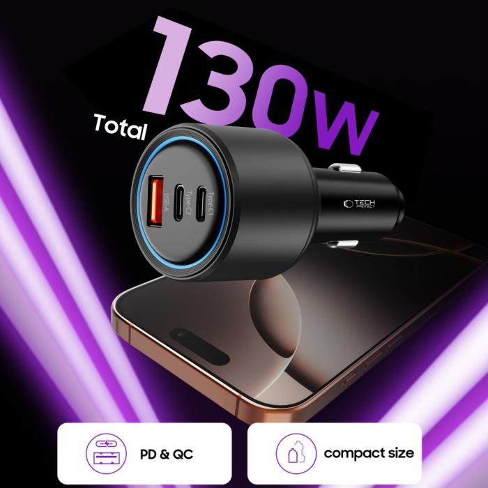Bild 4, Tech-Protect 130W PD USB-C / USB-A Billaddare Svart