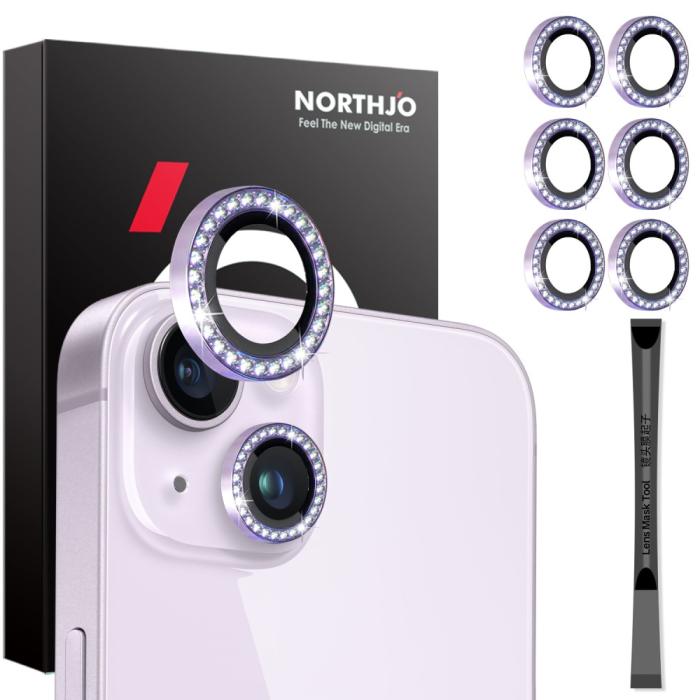 Bild 1, NORTHJO iPhone 15/15 Plus/14/14 Plus Linsskydd Strass 3-PACK Lila