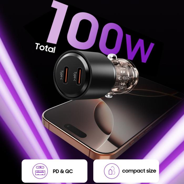 Bild 4, Tech-Protect 100W PD USB-C / USB-A Billaddare Svart