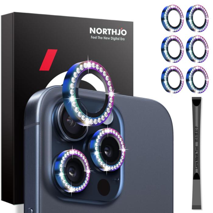 Bild 1, NORTHJO iPhone 15 Pro/Pro Max/14 Pro/Pro Max Linsskydd Strass 2-PACK Fade