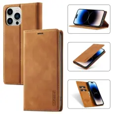 LC.IMEEKE iPhone 14 Pro Fodral Flip L&auml;der Brun