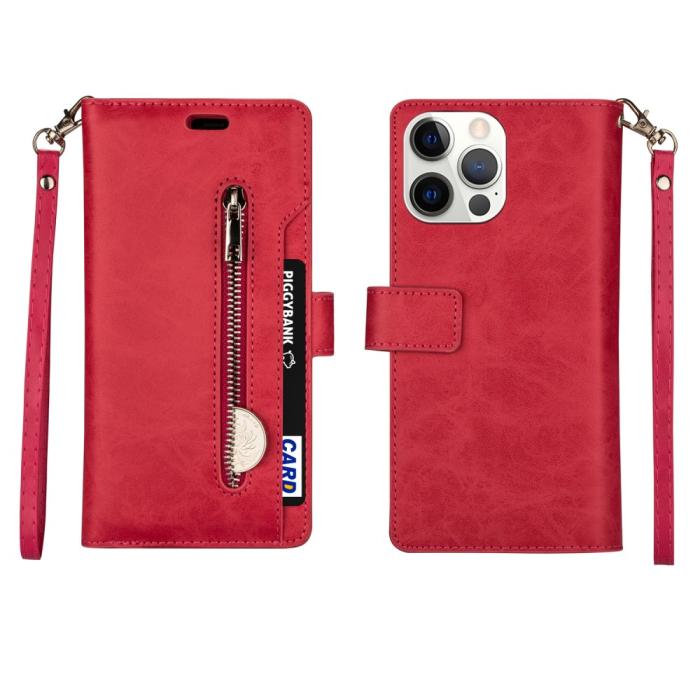 Bild 1, iPhone 13 Pro - Multifunktionellt Flerkort Läder Fodral - Rosa