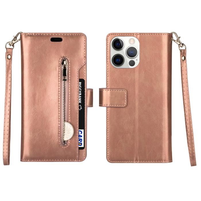 Bild 1, iPhone 13 Pro - Multifunktionellt Flerkort Läder Fodral - Roséguld