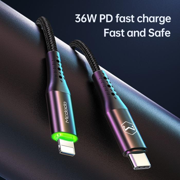 Bild 2, Mcdodo 36W 1.2m USB-C - Lightning Kabel LED Svart