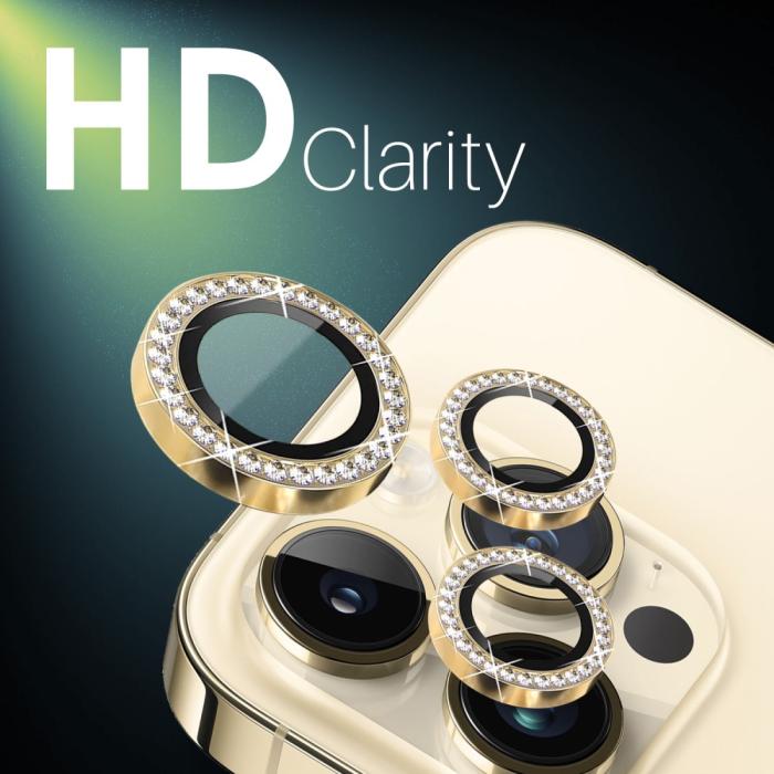 Bild 5, NORTHJO iPhone 15 Pro/Pro Max/14 Pro/Pro Max Linsskydd Strass 2-PACK Guld