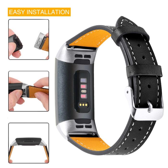 Bild 2, Äkta Läder Armband Fitbit Charge 3 / 4 Svart