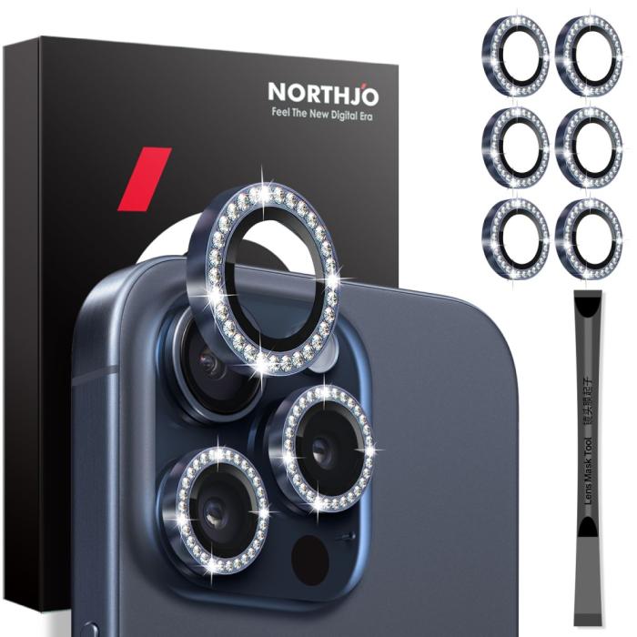 Bild 1, NORTHJO iPhone 15 Pro/Pro Max/14 Pro/Pro Max Linsskydd Strass 2-PACK Blå