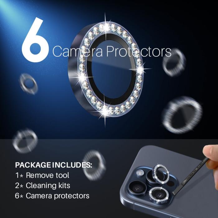 Bild 3, NORTHJO iPhone 15 Pro/Pro Max/14 Pro/Pro Max Linsskydd Strass 2-PACK Blå