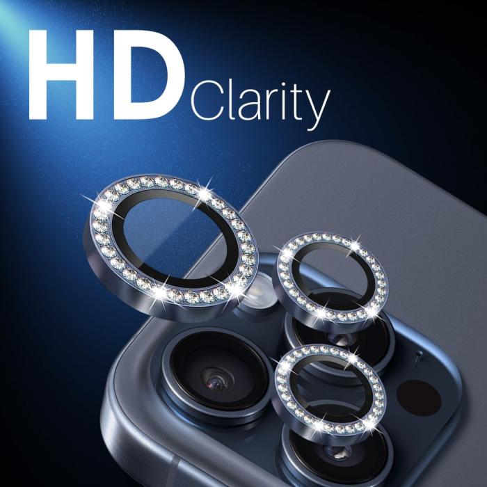 Bild 5, NORTHJO iPhone 15 Pro/Pro Max/14 Pro/Pro Max Linsskydd Strass 2-PACK Blå