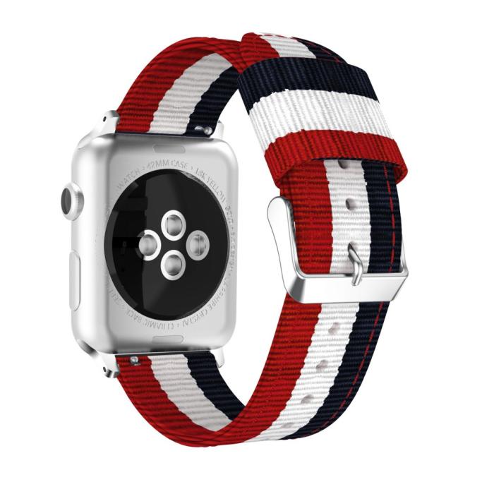 Bild 2, Nylon Armband Med Vertikal Design Apple Watch 41/40/38 mm - Blå/Vit/Röd