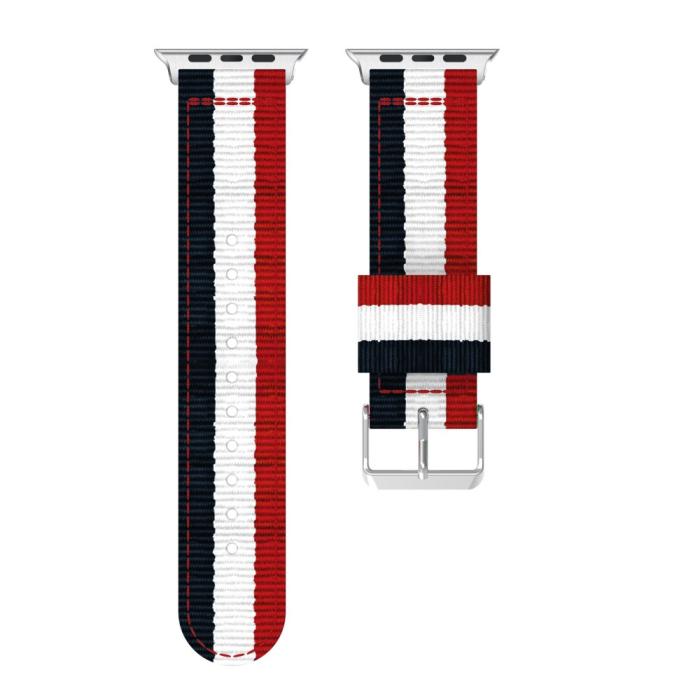 Bild 4, Nylon Armband Med Vertikal Design Apple Watch 41/40/38 mm - Blå/Vit/Röd