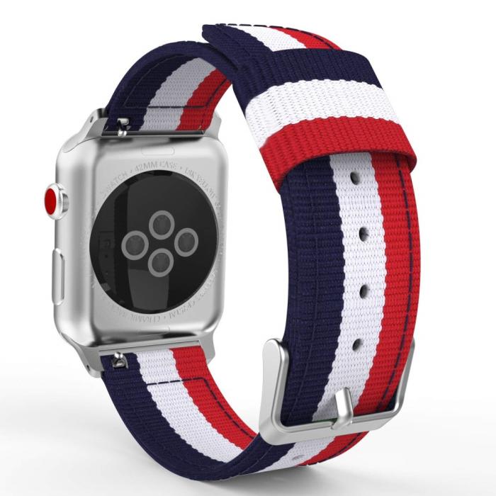 Bild 5, Nylon Armband Med Vertikal Design Apple Watch 41/40/38 mm - Blå/Vit/Röd