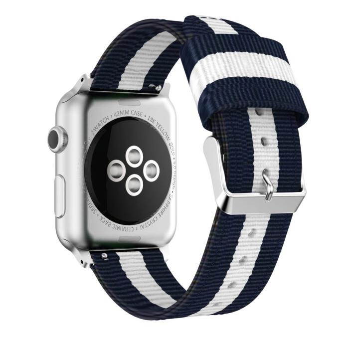 Bild 2, Nylon Armband Med Vertikal Design Apple Watch 42/44/45/49 mm Blå/Vit