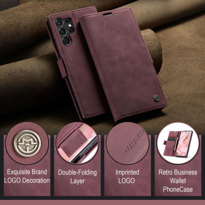 Bild 4, CASEME Samsung Galaxy S23 Ultra Fodral Flip Läder Vinröd