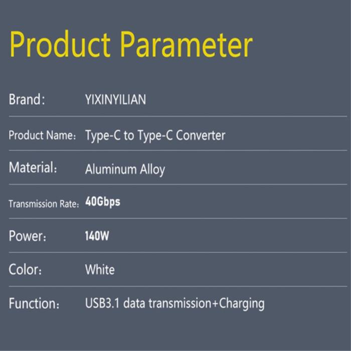 Bild 3, 140W USB 3.1 USB-C Hane till USB-C Hona Adapter 8K 40Gbps Vit