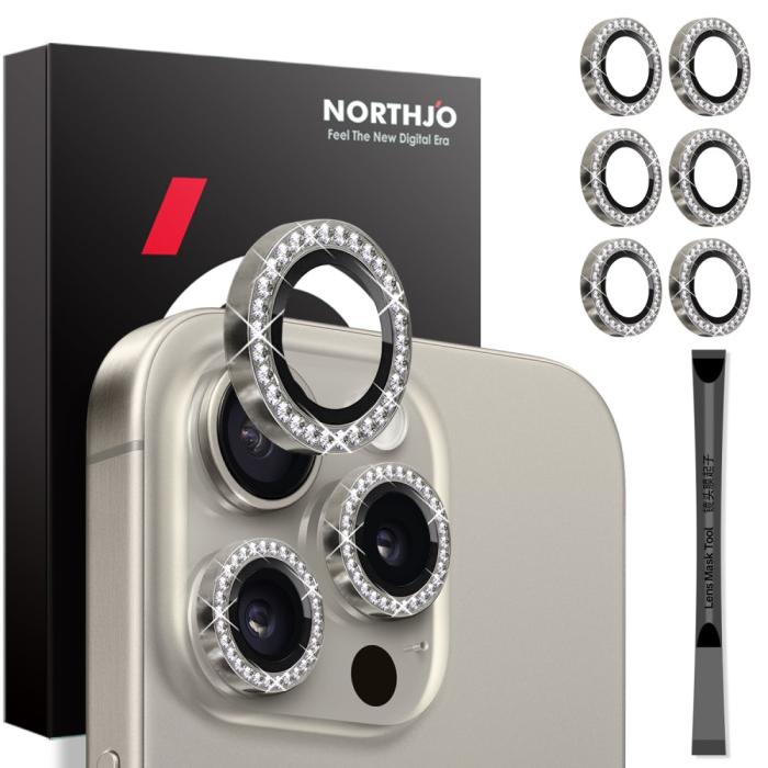 Bild 1, NORTHJO iPhone 15 Pro/Pro Max/14 Pro/Pro Max Linsskydd Strass 2-PACK Grå