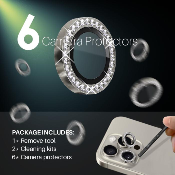 Bild 3, NORTHJO iPhone 15 Pro/Pro Max/14 Pro/Pro Max Linsskydd Strass 2-PACK Grå