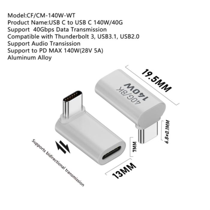 Bild 3, 140W USB 3.1 USB-C Hane till USB-C Hona Adapter 8K 40Gbps Vit