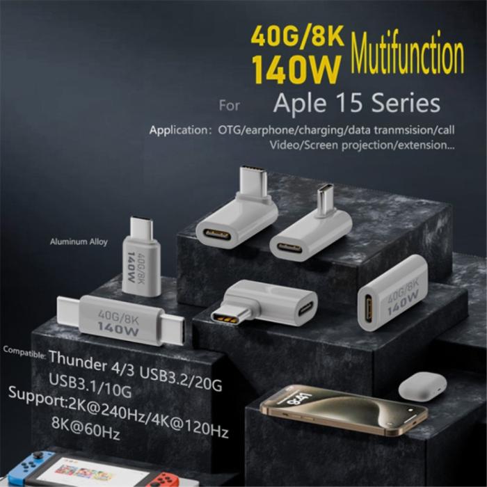 Bild 2, 140W USB 3.1 USB-C Hane till USB-C Hona Adapter 8K 40Gbps Vit