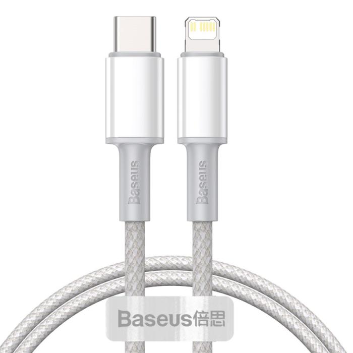 Bild 1, BASEUS 1m 20W PD Type-C - Lightning Flätad Nylon Kabel - Vit