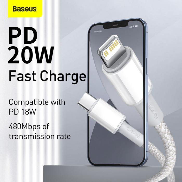 Bild 2, BASEUS 1m 20W PD Type-C - Lightning Flätad Nylon Kabel - Vit